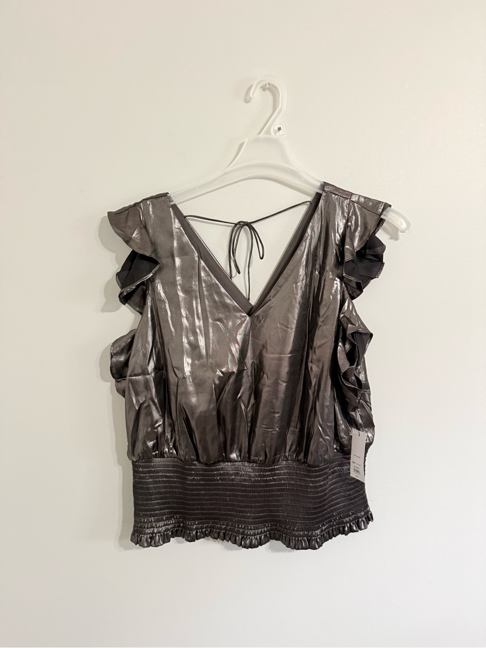 Nine West Metallic Silver Ruffle Sleeve V-Neck Blouse